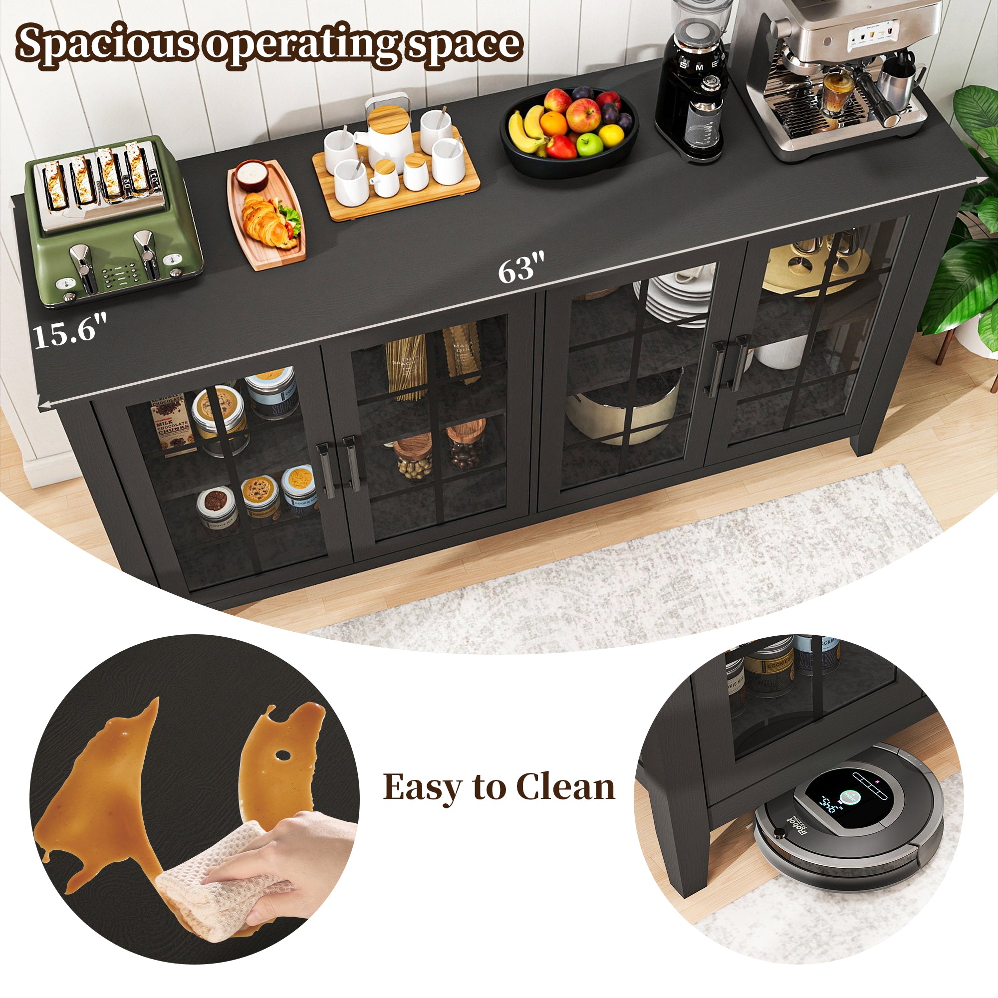 FIAKOA 63" Farmhouse Buffet Cabinet with Storage, Large Wood Sideboard Cabinet with Glass Doors, Kitchen Coffee Bar Cabinet for Dining Room, Black