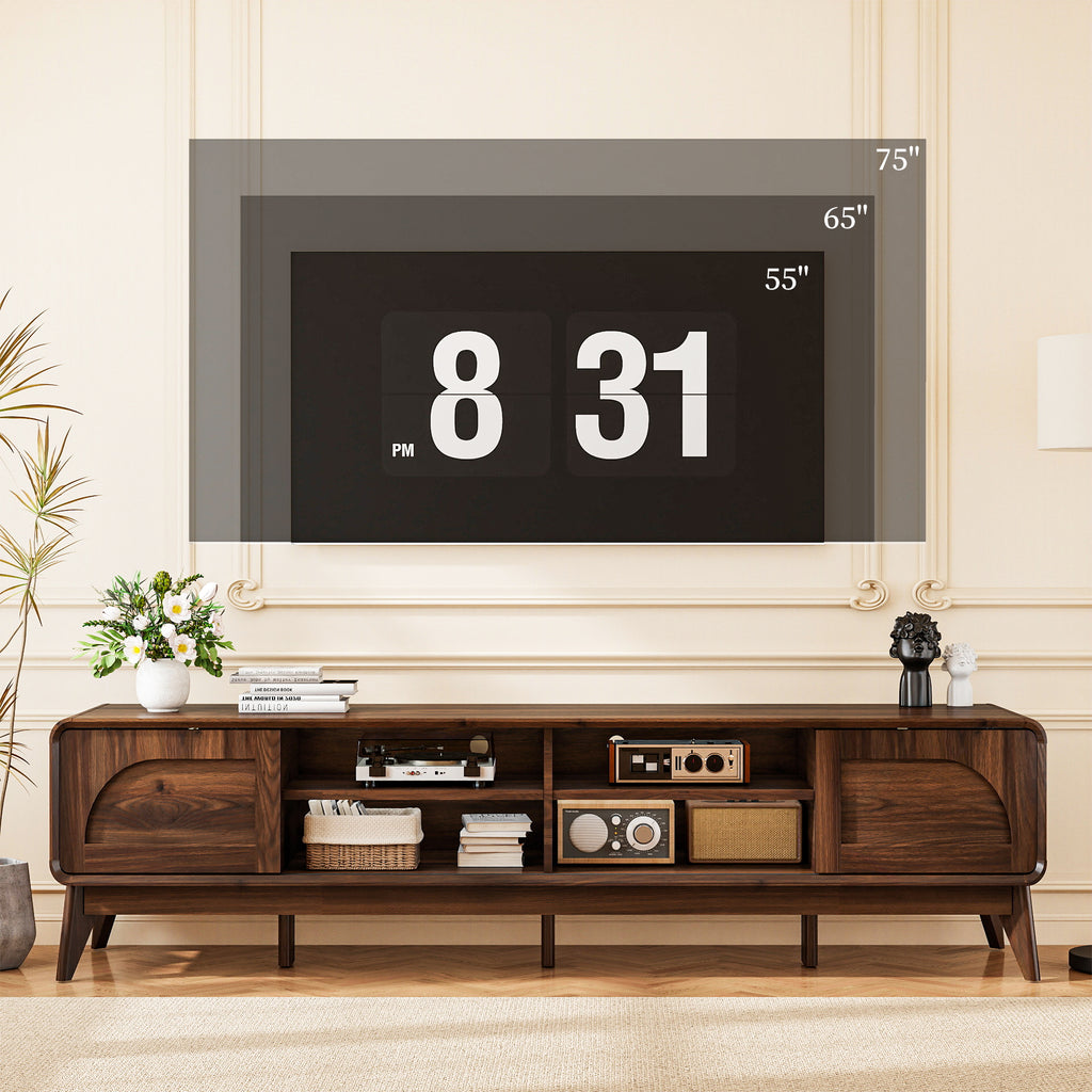 FIAKOA 70 inch Farmhouse TV Stand for 75 inch TV, Mid Century Entertainment Center with Movable Door & Adjustable Shelf, Modern Media Console Table for Living Room, Walnut Brown