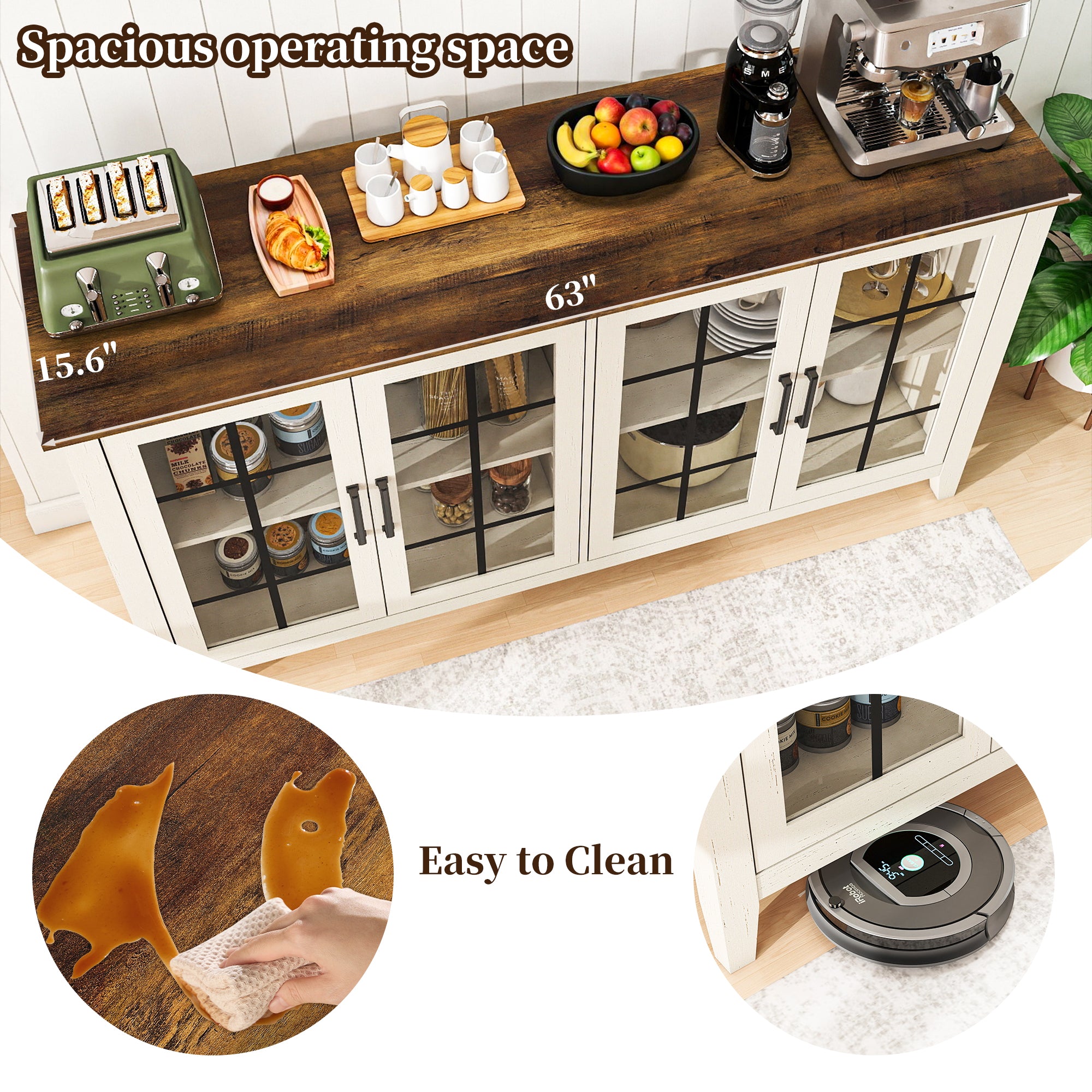 FIAKOA 63" Farmhouse Buffet Cabinet with Storage, Large White Sideboard Cabinet with Glass Doors, Kitchen Coffee Bar Cabinet for Dining Room