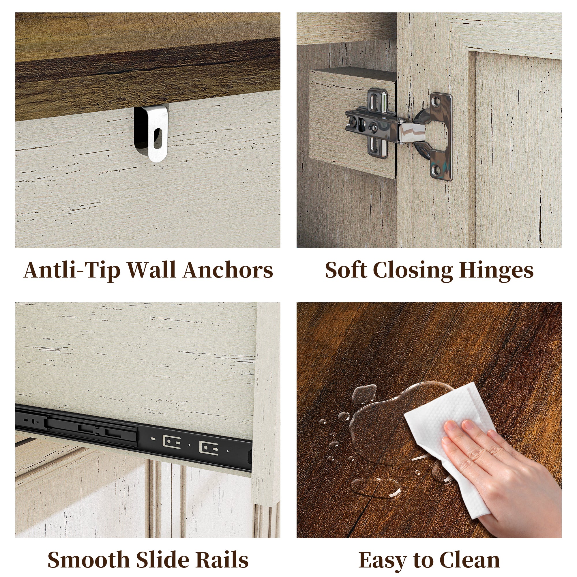 FIAKOA 64" Farmhouse Buffet Cabinet with Charging Station, White Sideboard Cabinet with Wood Doors & 2 Drawers, Kitchen Coffee Bar Credenza for Dining Room