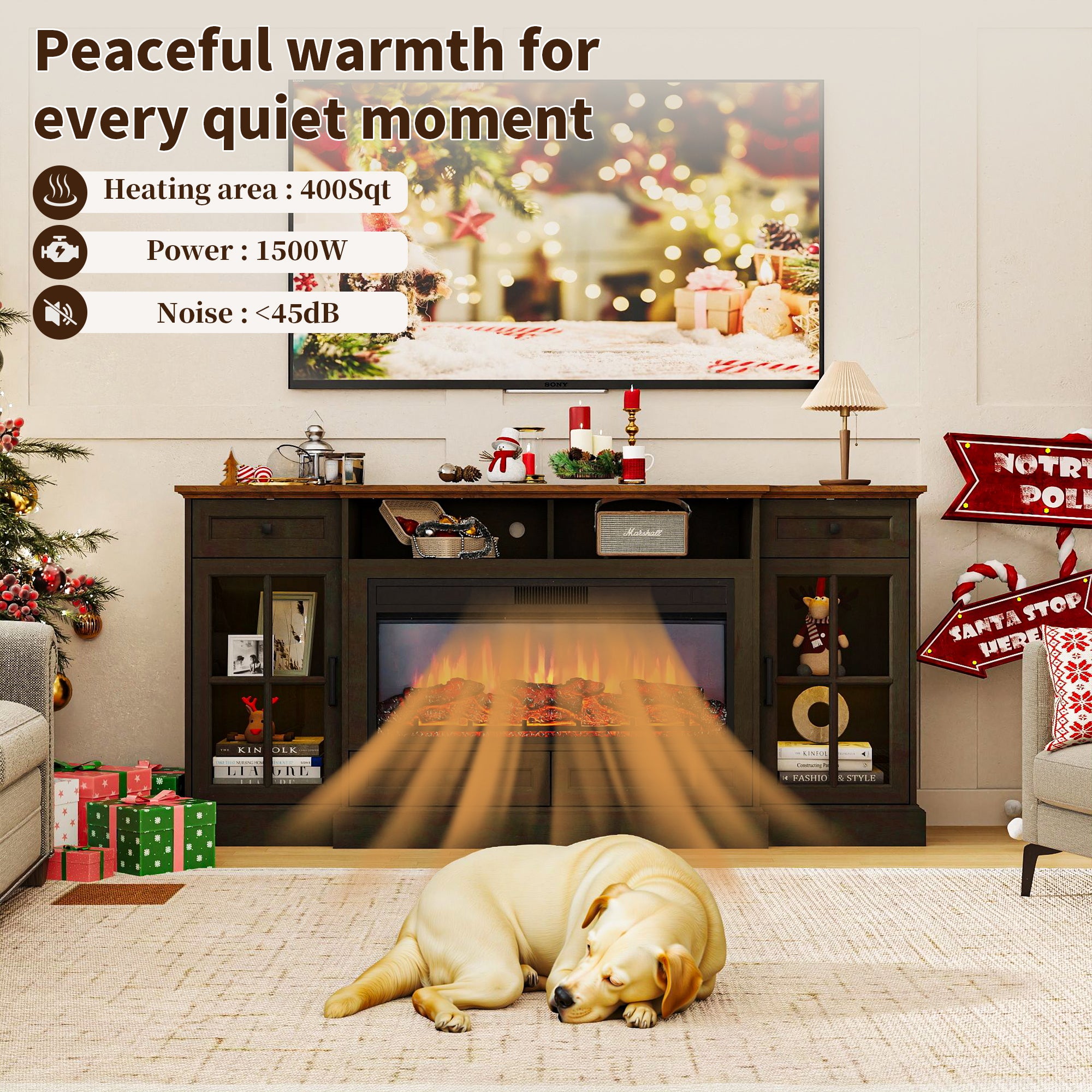 FIAKOA 70” electric Fireplace TV Stand for 75" TVs, Fireplace Entertainment Center with LED Lights,Wood TV Stand with 34" Fireplace for Living Room, Espresso