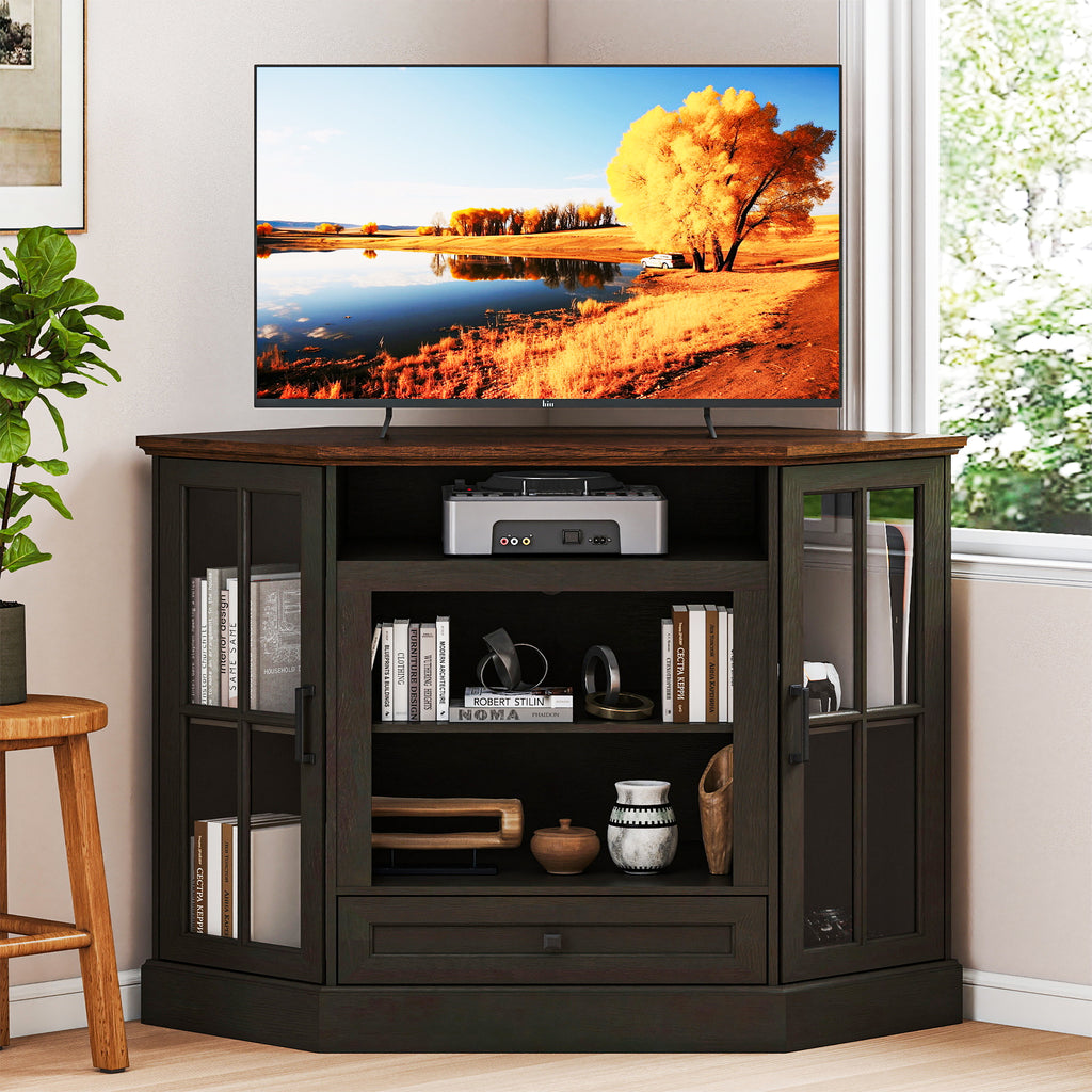 FIAKOA Farmhouse Corner TV Stand for 50 inch TV, Mid Century Entertainment Center with Glass Door, Modern Media Console Table for Living Room, White