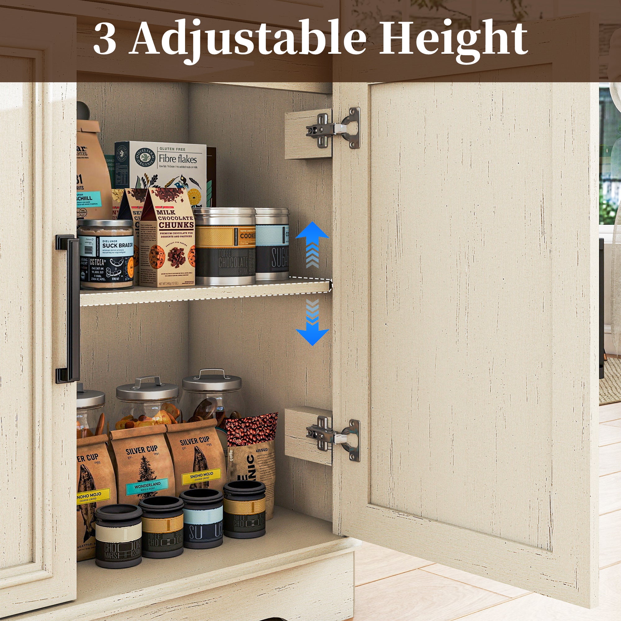 FIAKOA 64" Farmhouse Buffet Cabinet with Charging Station, White Sideboard Cabinet with Wood Doors & 2 Drawers, Kitchen Coffee Bar Credenza for Dining Room