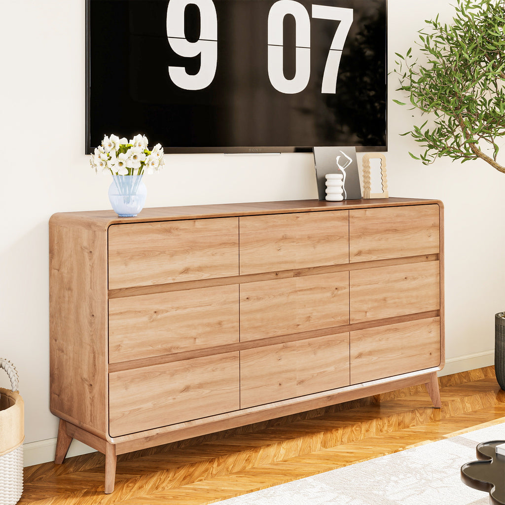 FIAKOA 9 Drawer Dresser for Bedroom, 63” W. Wood Farmhouse Tall Storage Chest of Drawers for Livingroom, Oak