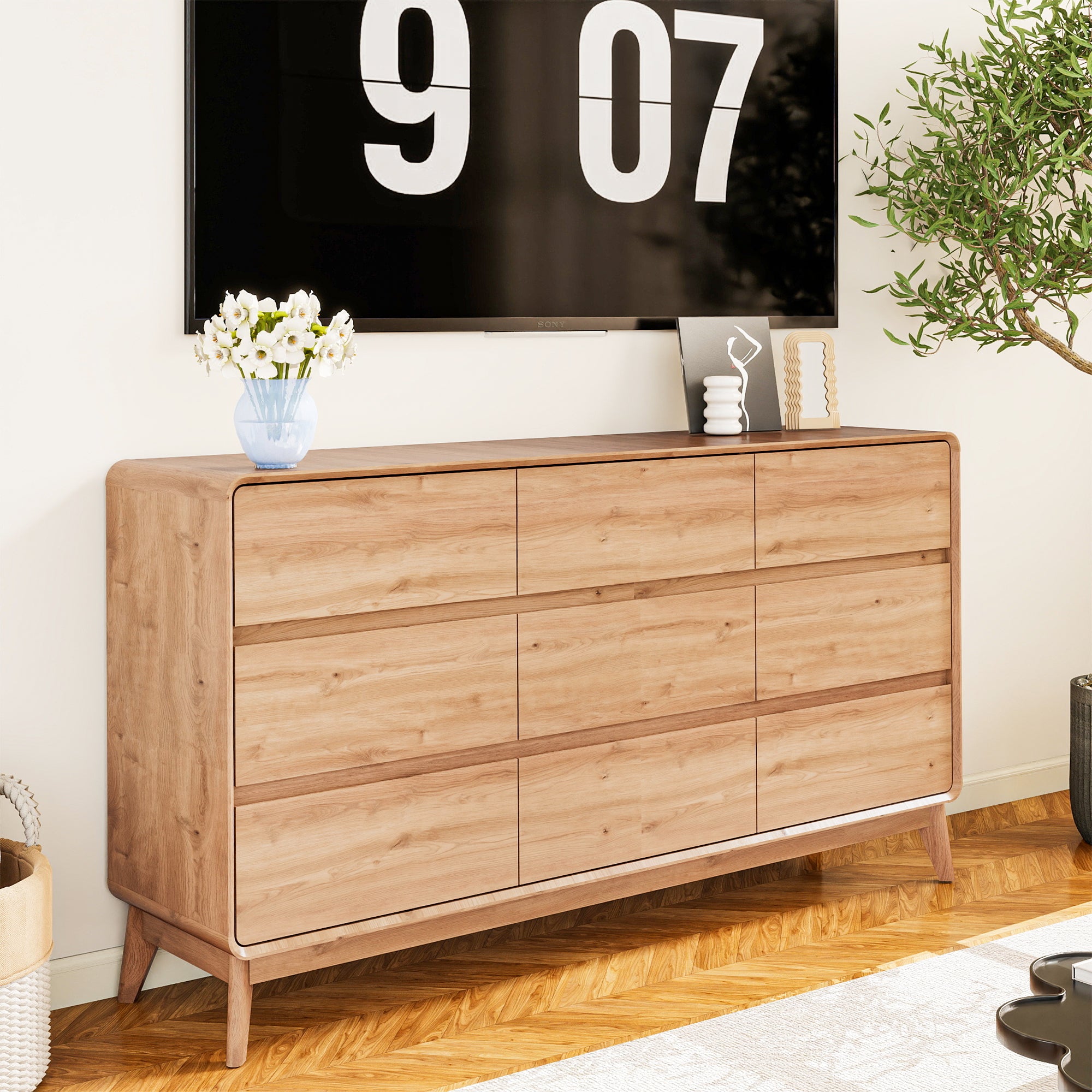 FIAKOA 9 Drawer Dresser for Bedroom, 63” W. Wood Farmhouse Tall Storage Chest of Drawers for Livingroom, Oak