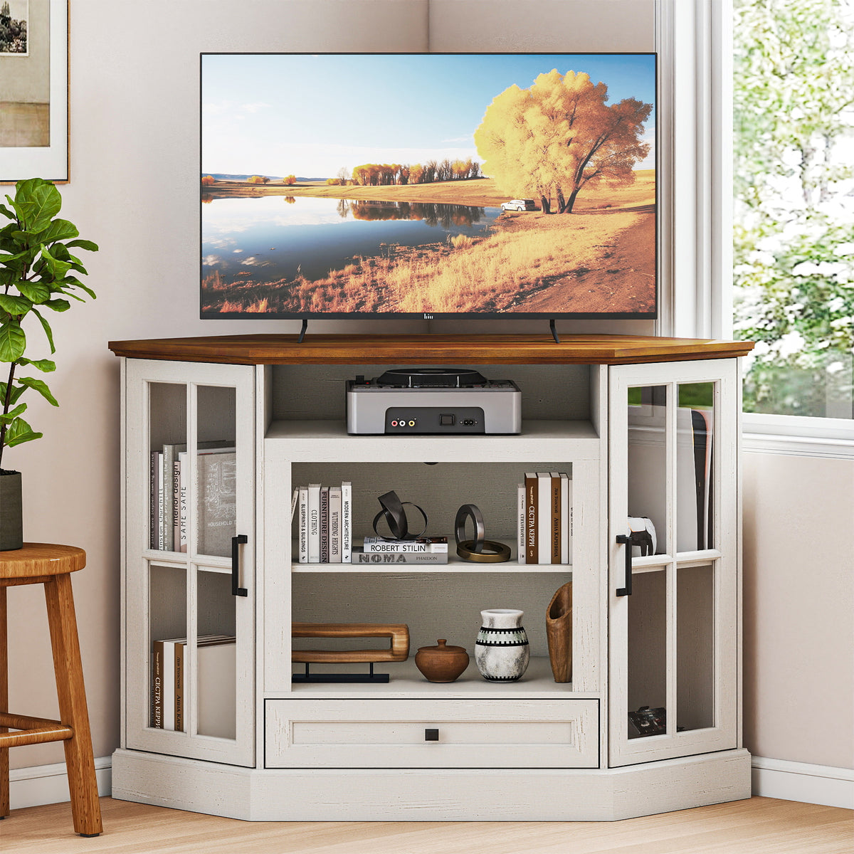 FIAKOA Farmhouse Corner TV Stand for 50 inch TV, Mid Century Entertainment Center with Glass Door, Modern Media Console Table for Living Room, White