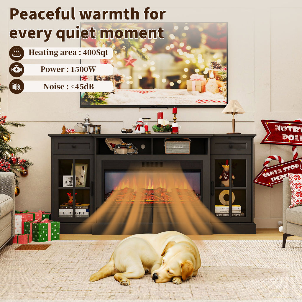 FIAKOA 70” electric Fireplace TV Stand for 75" TVs, Fireplace Entertainment Center with LED Lights, Wood TV Stand with 34" Fireplace for Living Room, Black