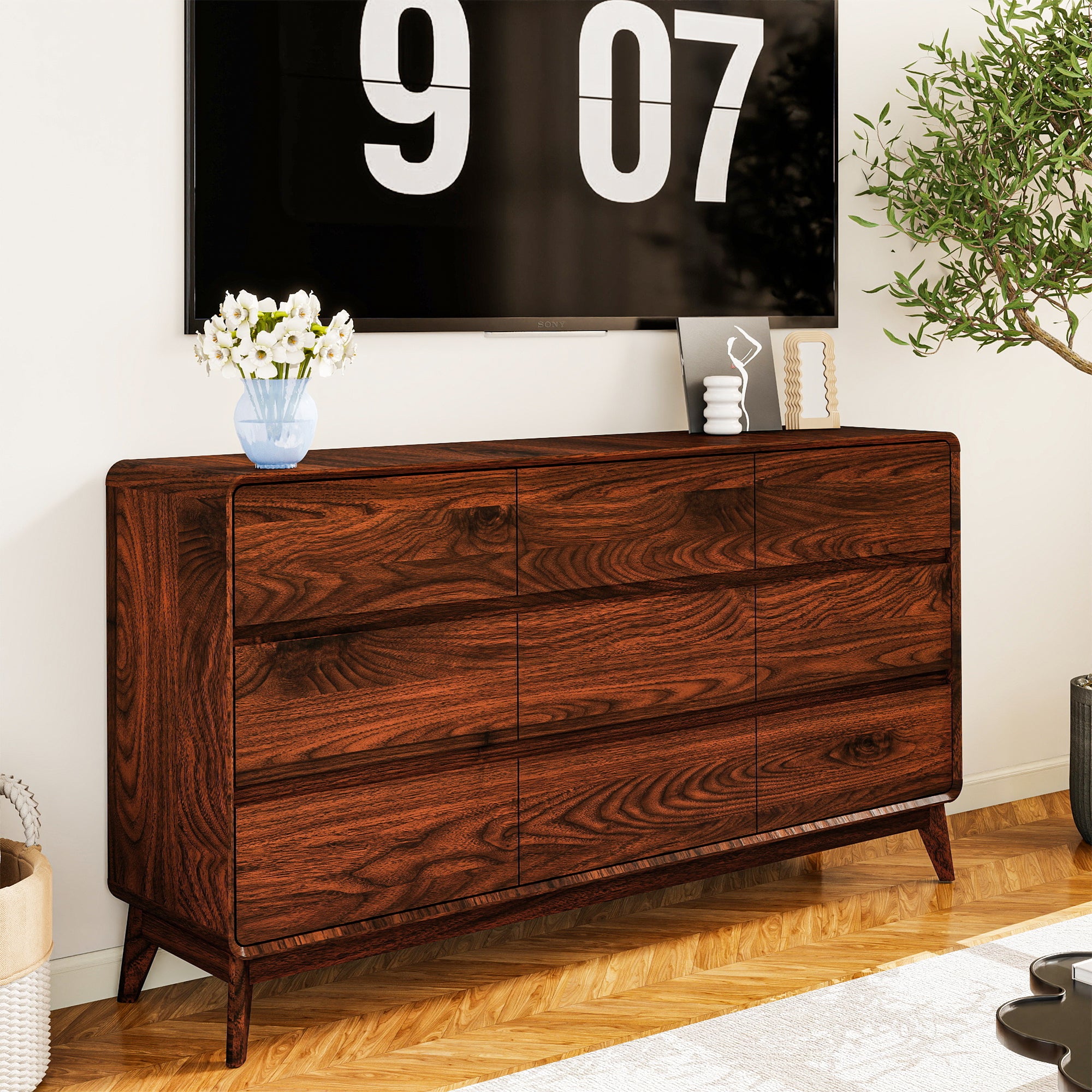 FIAKOA 9 Drawer Dresser for Bedroom, 63” W. Wood Farmhouse Tall Storage Chest of Drawers for Livingroom, Walnut Brown