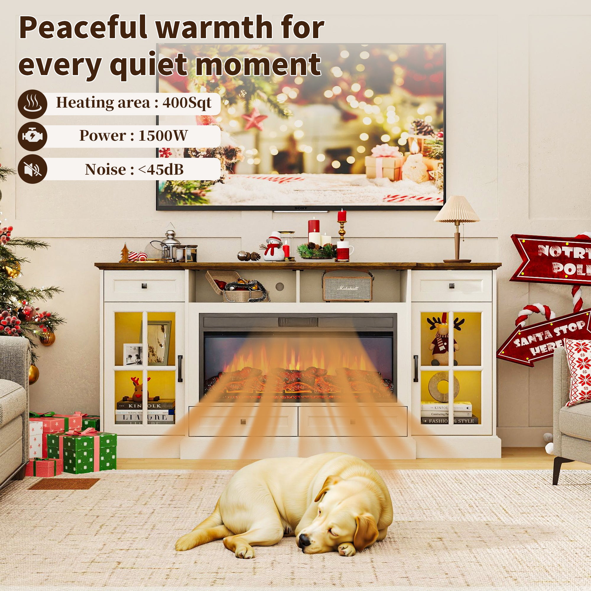 FIAKOA 70” electric Fireplace TV Stand for 75" TVs, Fireplace Entertainment Center with LED Lights,White TV Stand with 34" Fireplace for Living Room