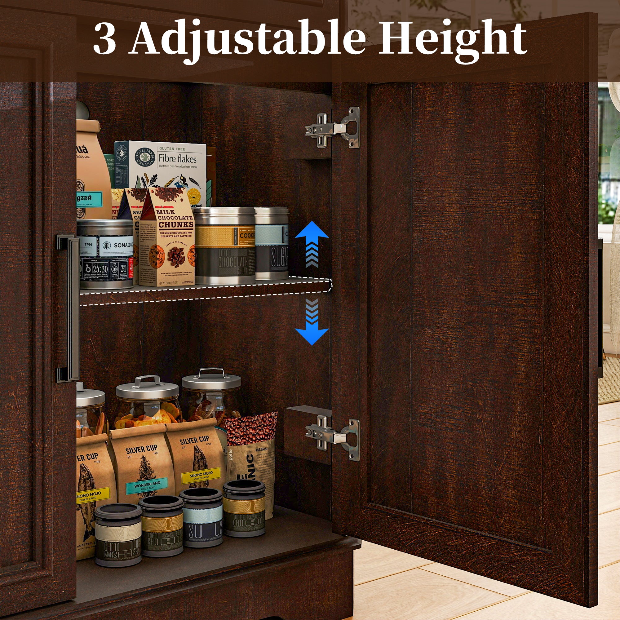 FIAKOA 64" Farmhouse Buffet Cabinet with Charging Station, Modern Sideboard Cabinet with Wood Doors & 2 Drawers, Kitchen Coffee Bar Credenza for Dining Room, Walnut Brown