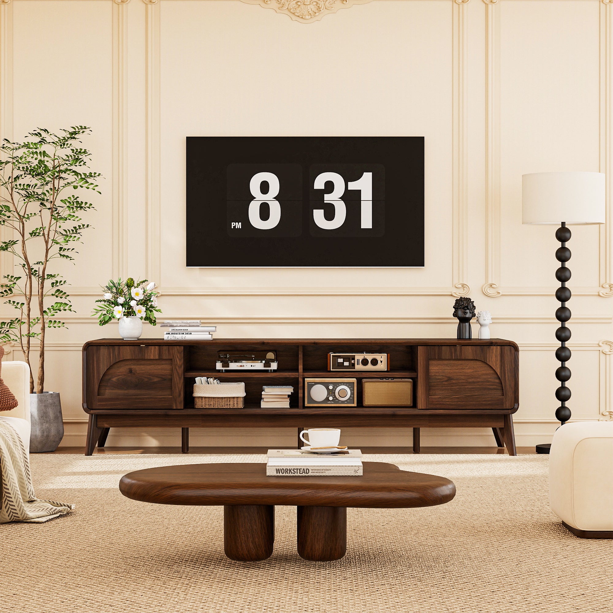 FIAKOA 70 inch Farmhouse TV Stand for 75 inch TV, Mid Century Entertainment Center with Movable Door & Adjustable Shelf, Modern Media Console Table for Living Room, Walnut Brown