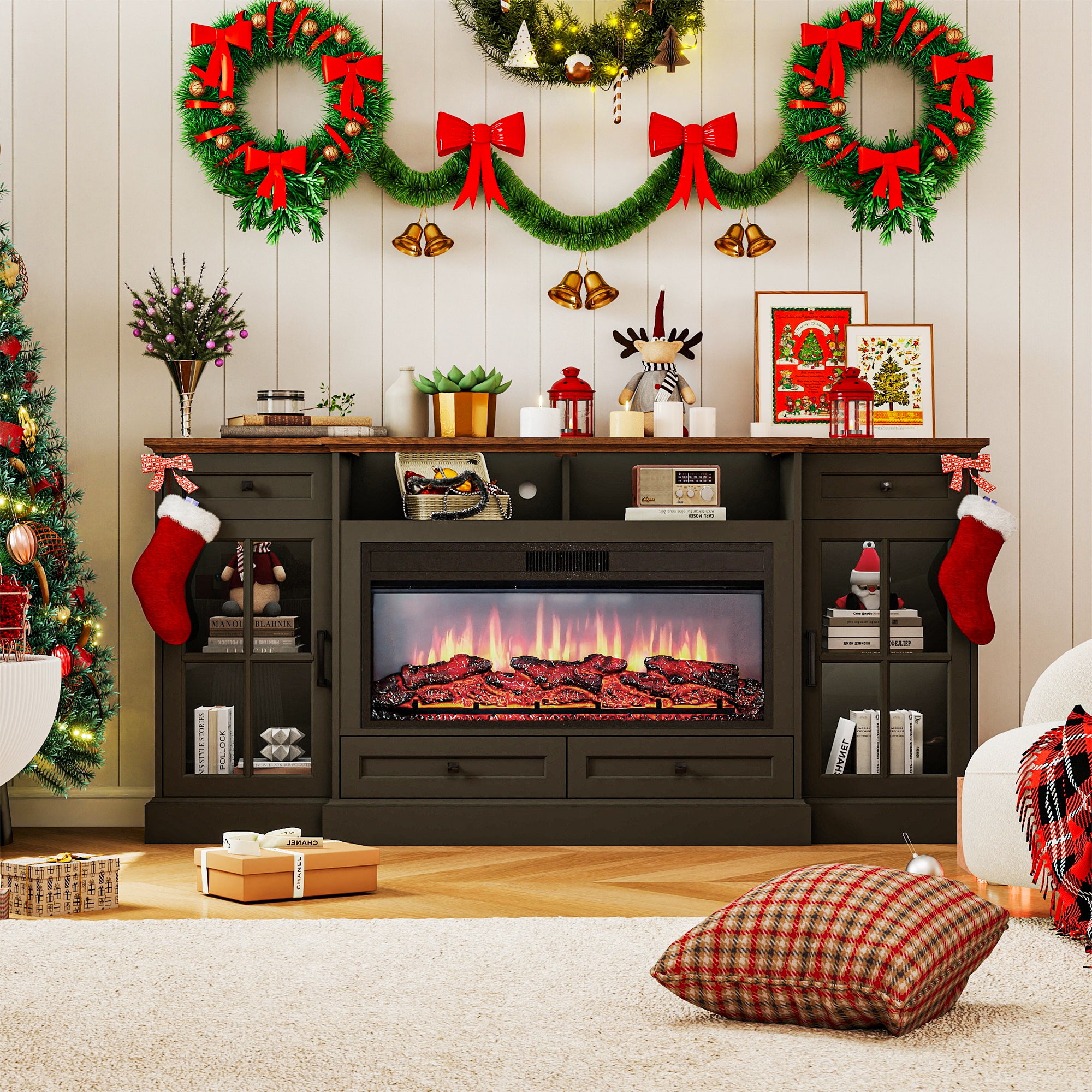 FIAKOA 70” electric Fireplace TV Stand for 75" TVs, Fireplace Entertainment Center with LED Lights,Wood TV Stand with 34" Fireplace for Living Room, Espresso