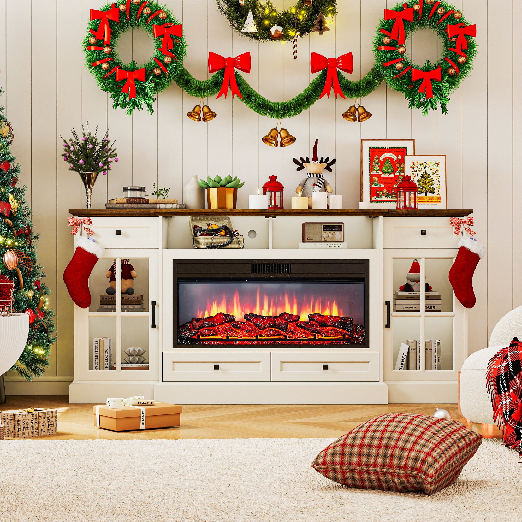 FIAKOA 70” electric Fireplace TV Stand for 75" TVs, Fireplace Entertainment Center with LED Lights,White TV Stand with 34" Fireplace for Living Room