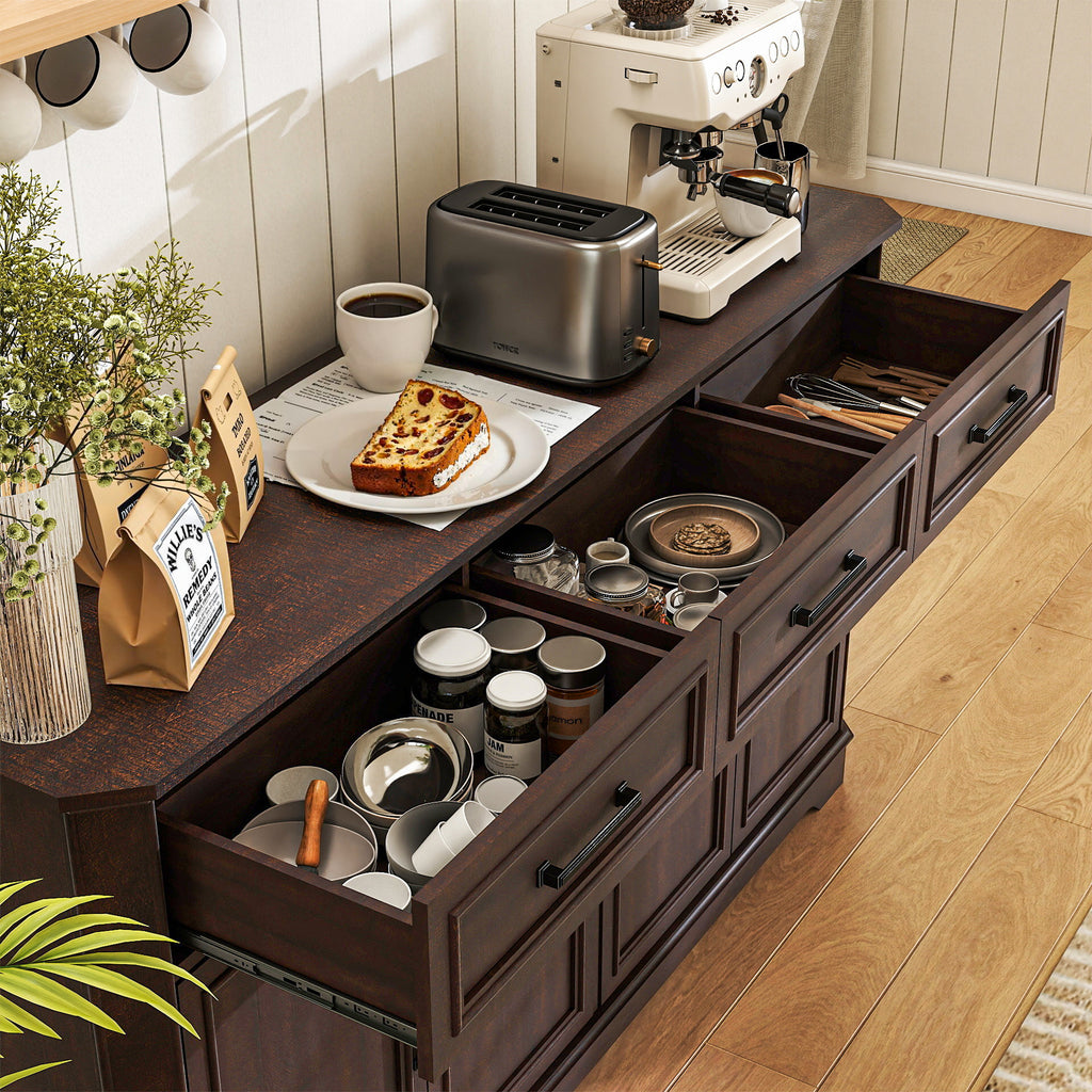 FIAKOA 64" Farmhouse Buffet Cabinet with Charging Station, Modern Sideboard Cabinet with Wood Doors & 2 Drawers, Kitchen Coffee Bar Credenza for Dining Room, Walnut Brown