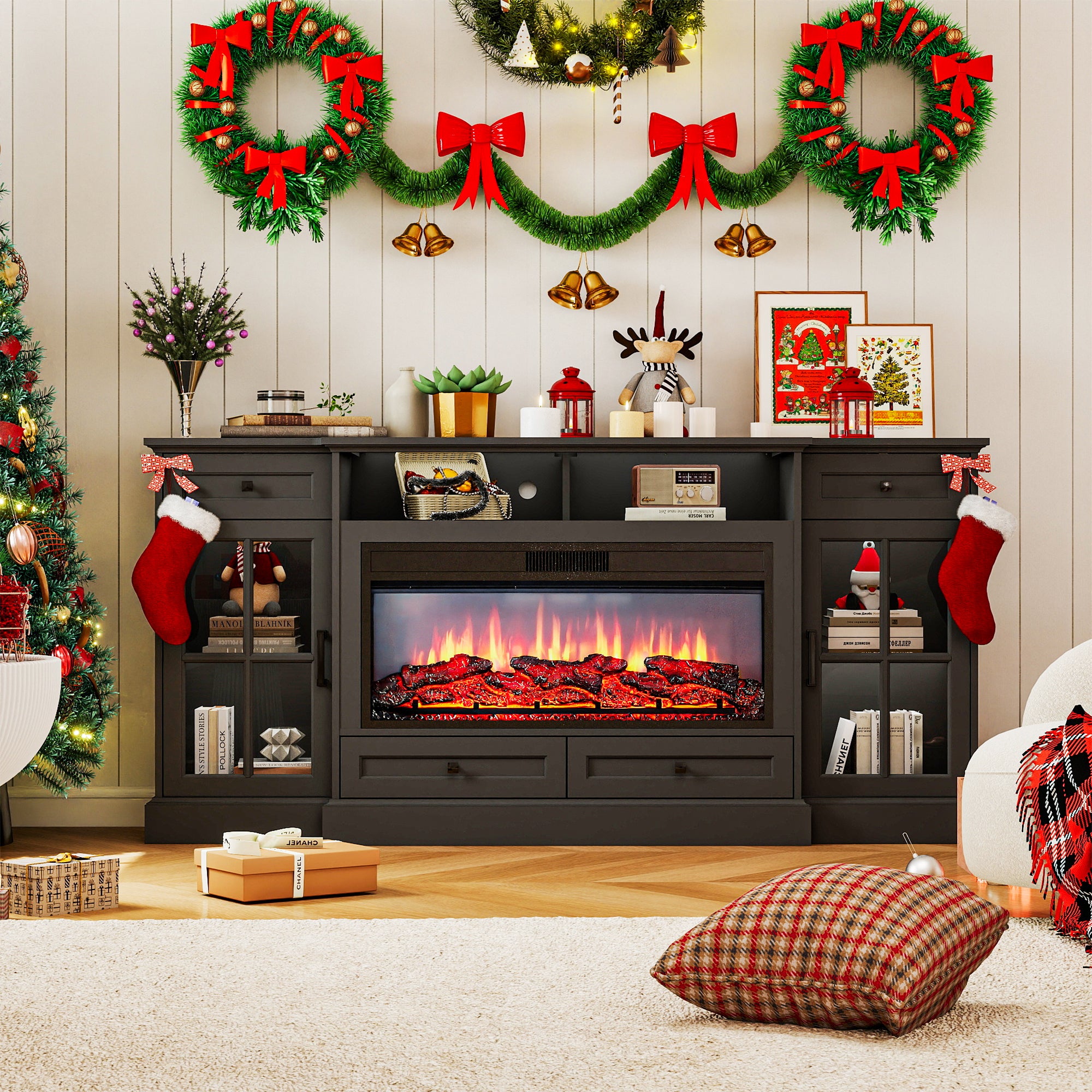 FIAKOA 70” electric Fireplace TV Stand for 75" TVs, Fireplace Entertainment Center with LED Lights, Wood TV Stand with 34" Fireplace for Living Room, Black