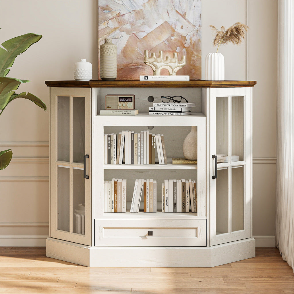 FIAKOA Farmhouse Corner TV Stand for 50 inch TV, Mid Century Entertainment Center with Glass Door, Modern Media Console Table for Living Room, White