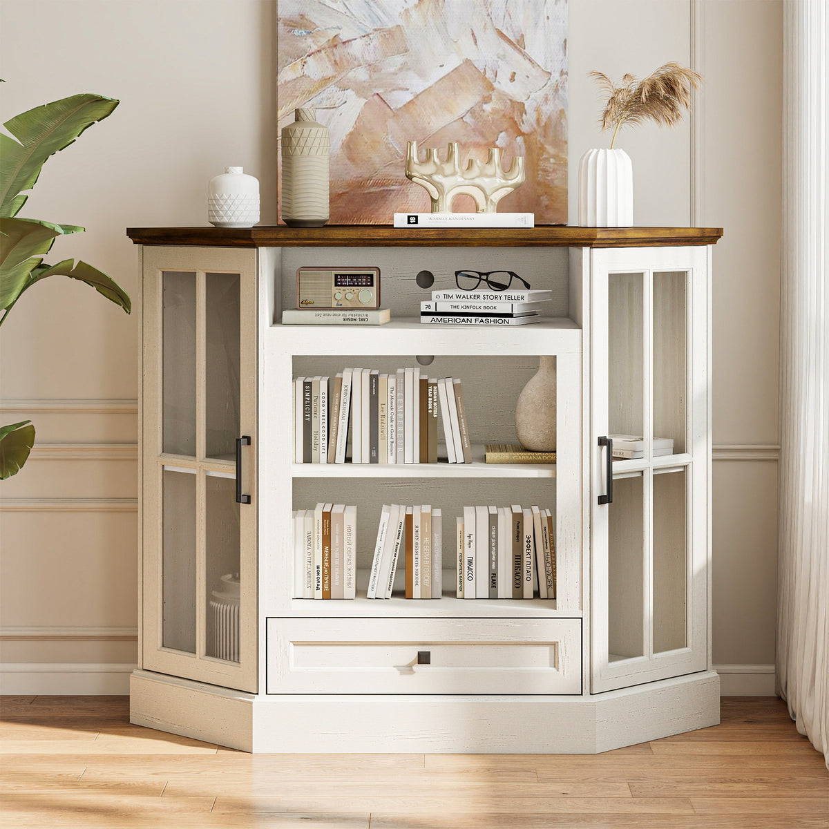 FIAKOA Farmhouse Corner TV Stand for 50 inch TV, Mid Century Entertainment Center with Glass Door, Modern Media Console Table for Living Room, White