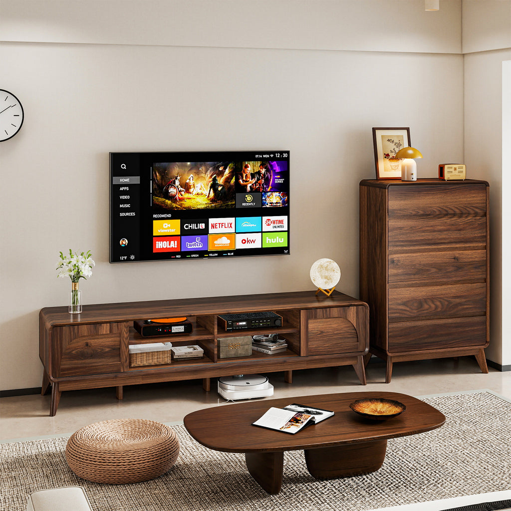 FIAKOA 70 inch Farmhouse TV Stand for 75 inch TV, Mid Century Entertainment Center with Movable Door & Adjustable Shelf, Modern Media Console Table for Living Room, Walnut Brown