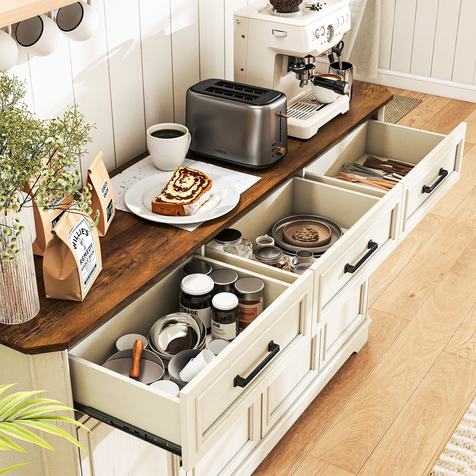 FIAKOA 64" Farmhouse Buffet Cabinet with Charging Station, White Sideboard Cabinet with Wood Doors & 2 Drawers, Kitchen Coffee Bar Credenza for Dining Room