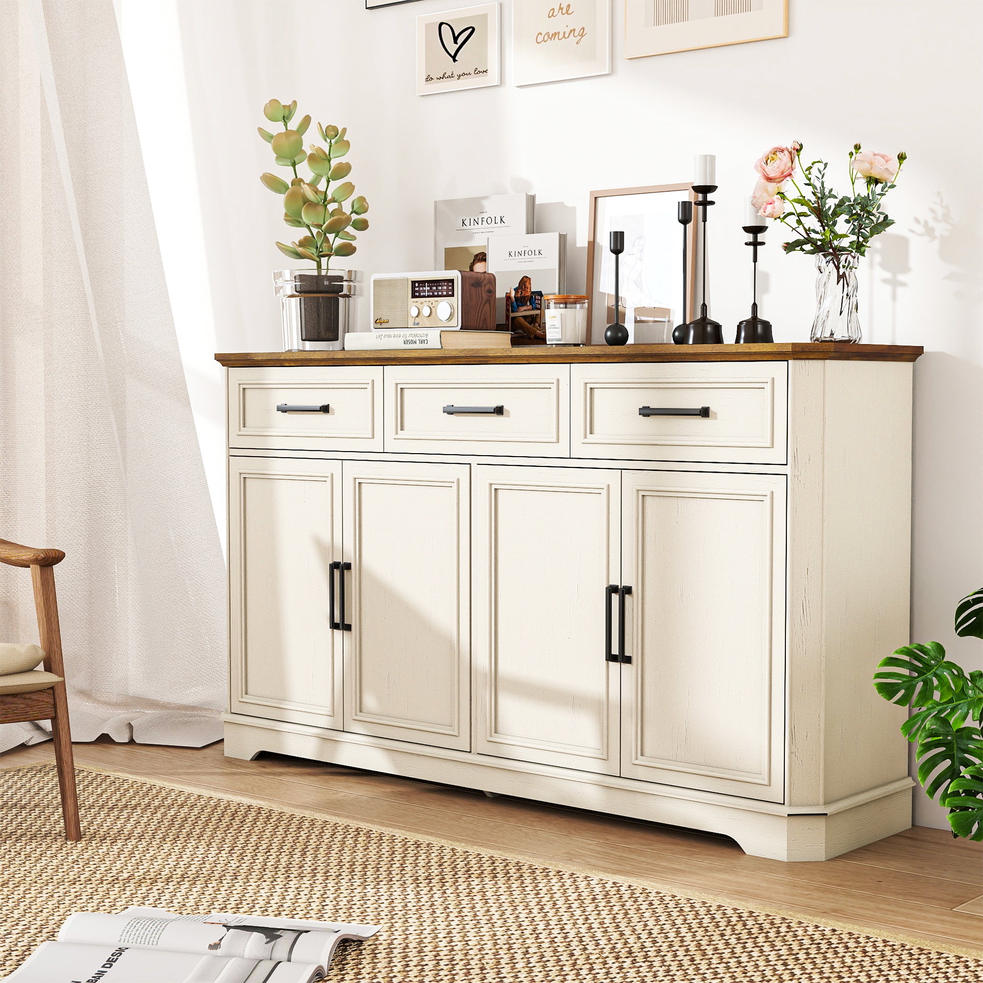 FIAKOA 64" Farmhouse Buffet Cabinet with Charging Station, White Sideboard Cabinet with Wood Doors & 2 Drawers, Kitchen Coffee Bar Credenza for Dining Room