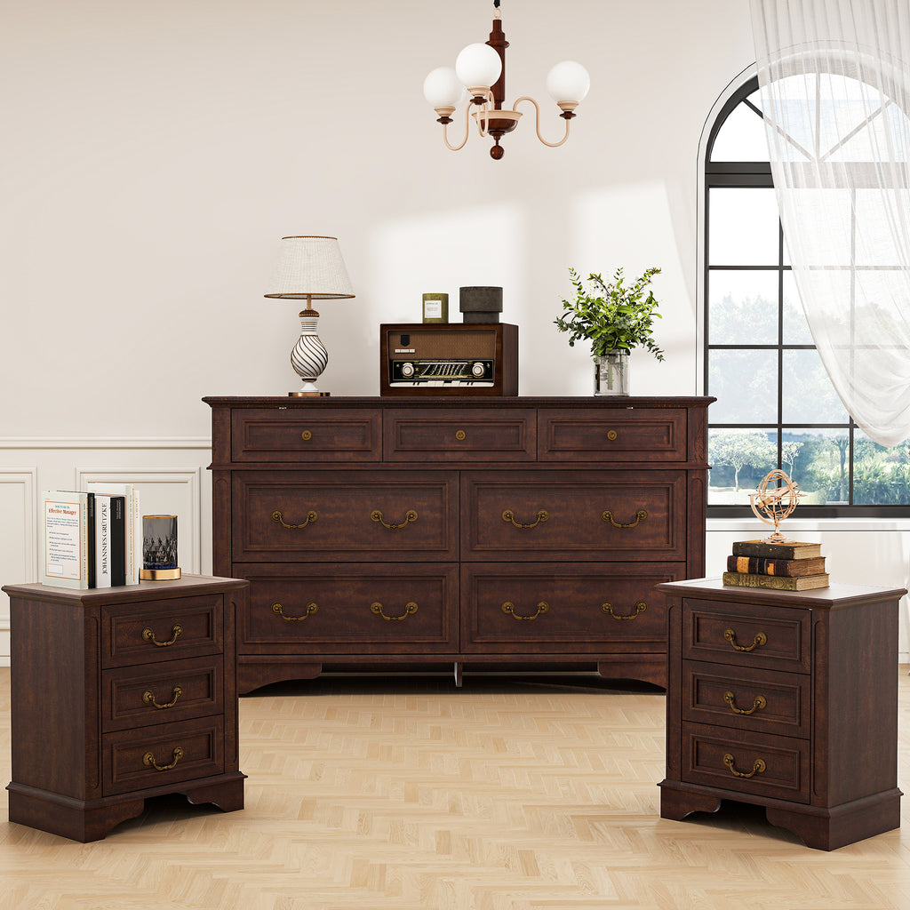FIAKOA Bedroom Dresser and Nightstand set，Wood Furniture Set for Bedroom with Spacious Storage，3pc，Walnut Brown