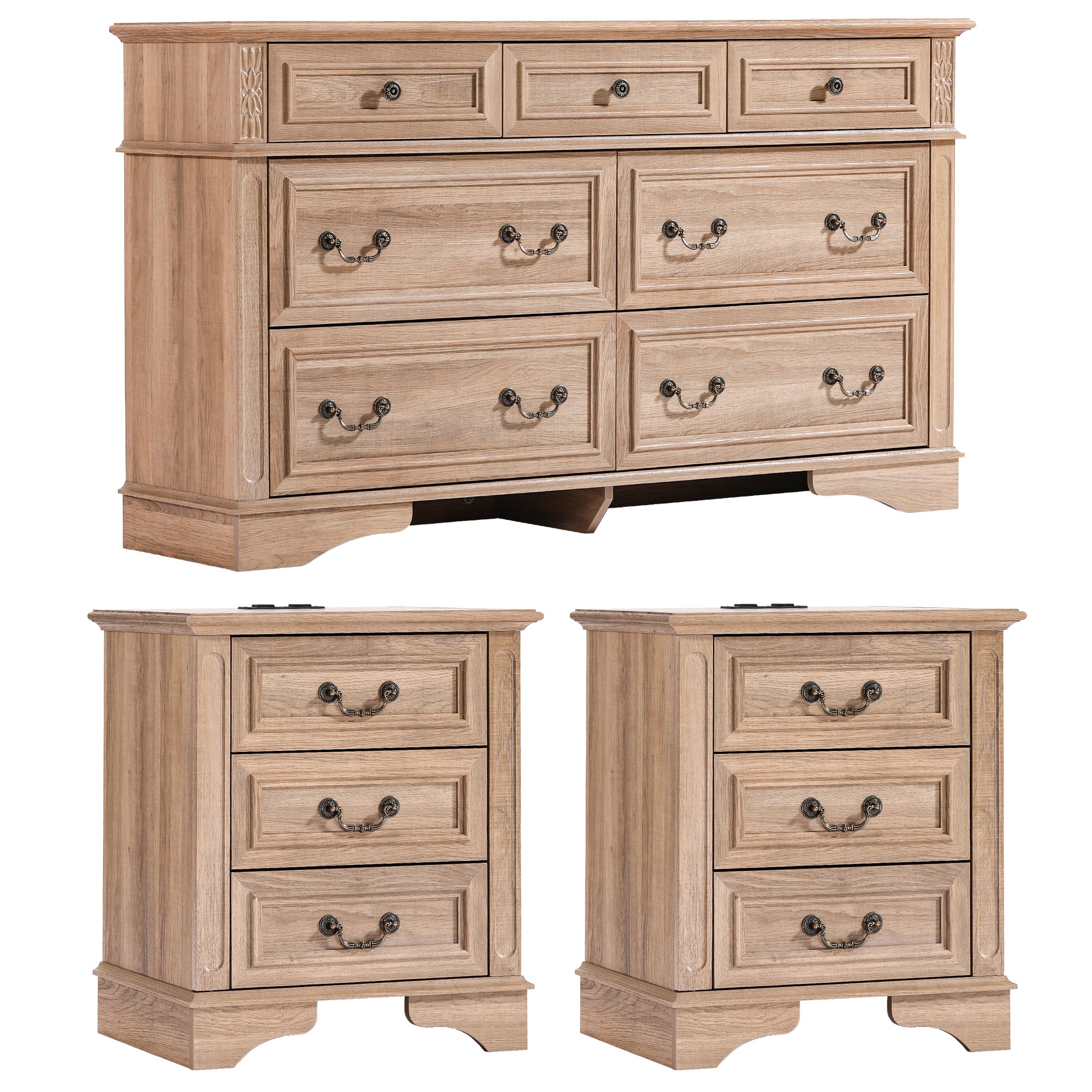 FIAKOA Bedroom Dresser and Nightstand set，Wood Furniture Set for Bedroom with Spacious Storage，3pc，Nature