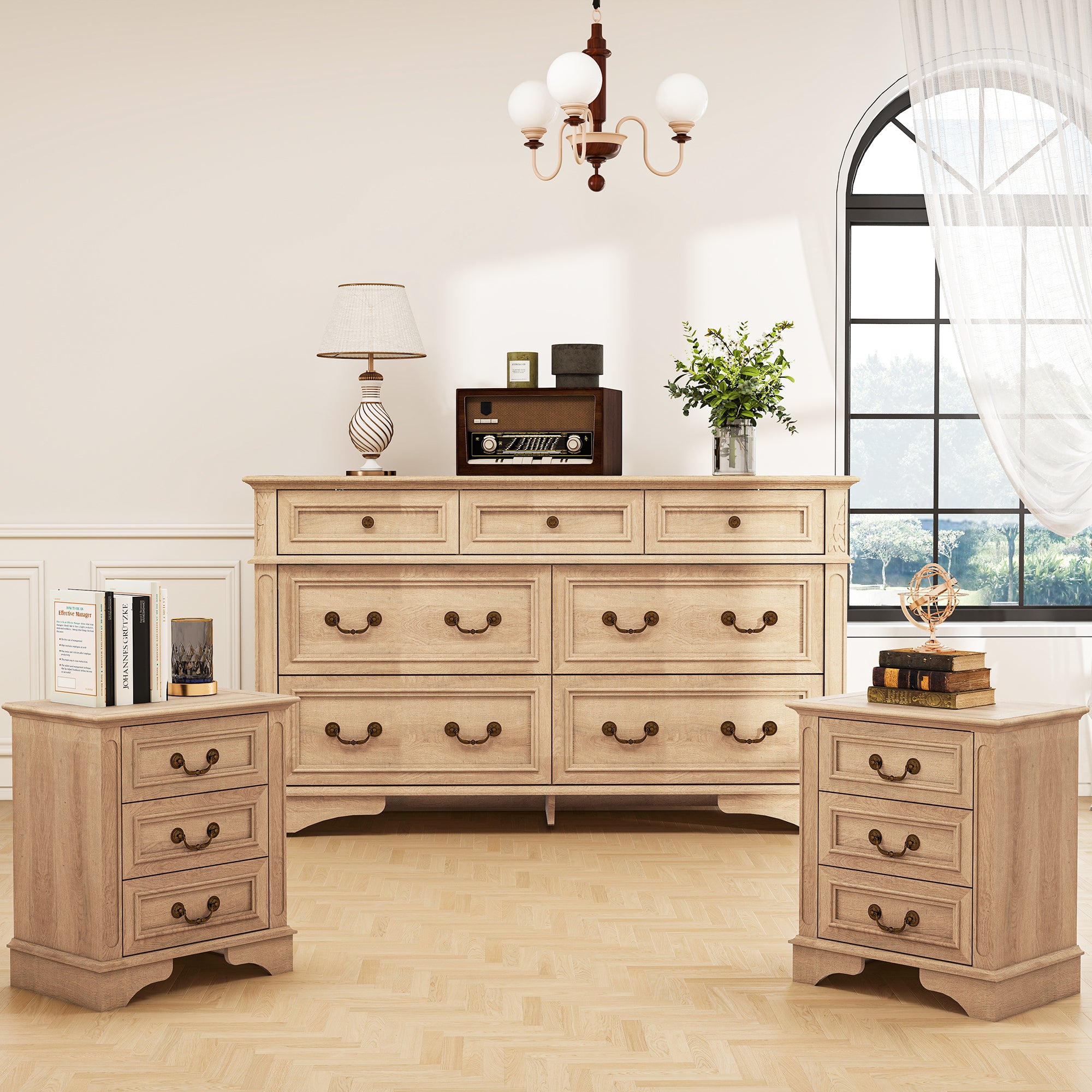 FIAKOA Bedroom Dresser and Nightstand set，Wood Furniture Set for Bedroom with Spacious Storage，3pc，Nature