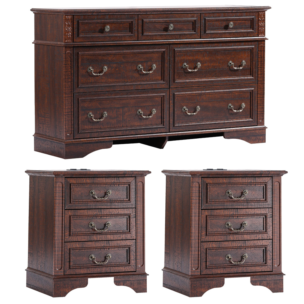 FIAKOA Bedroom Dresser and Nightstand set，Wood Furniture Set for Bedroom with Spacious Storage，3pc，Walnut Brown