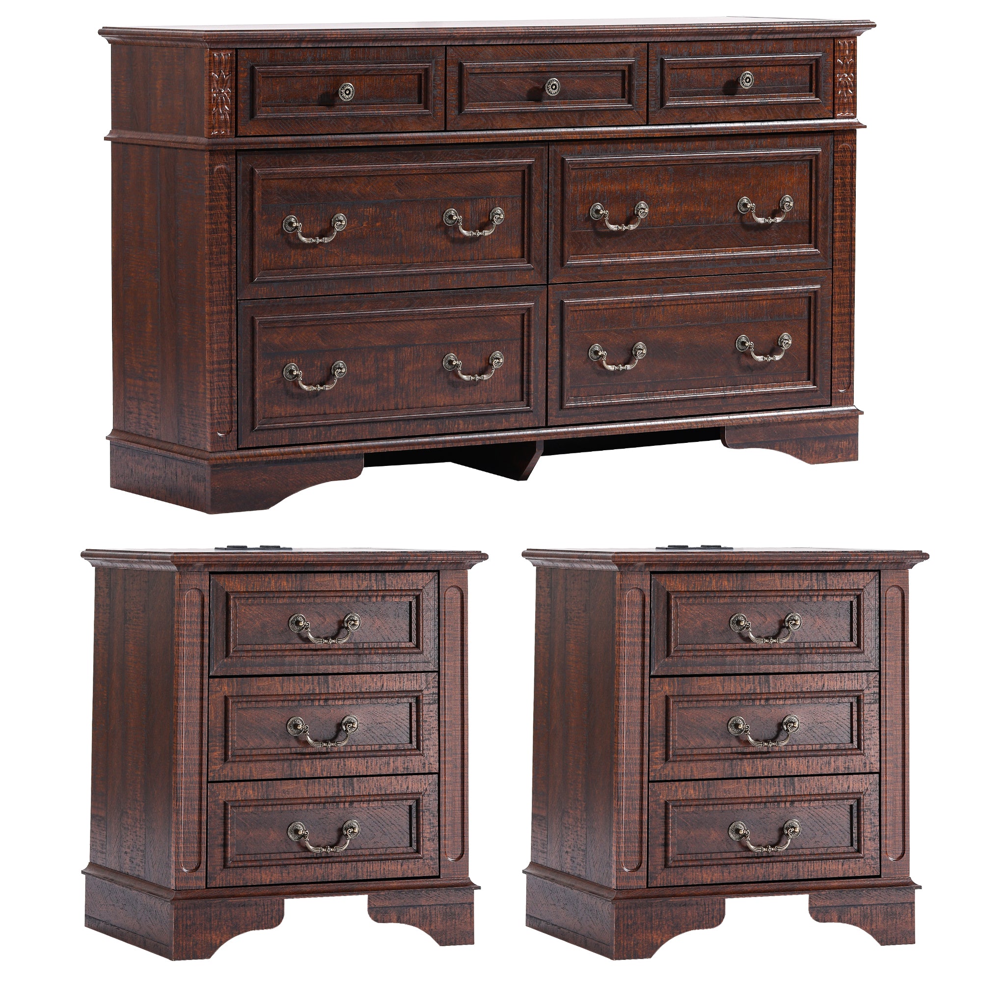 FIAKOA Bedroom Dresser and Nightstand set，Wood Furniture Set for Bedroom with Spacious Storage，3pc，Walnut Brown