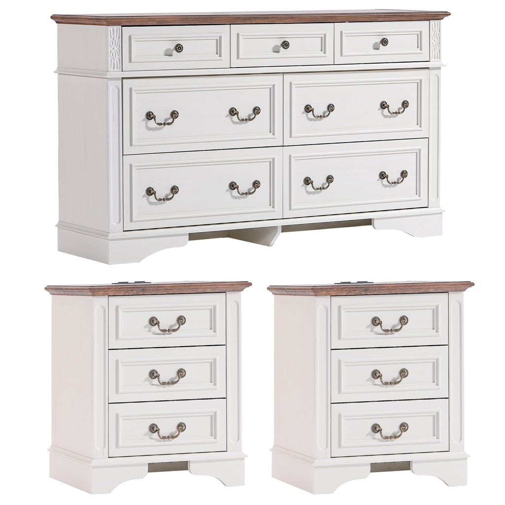 FIAKOA Bedroom Dresser and Nightstand set，Wood Furniture Set for Bedroom with Spacious Storage, 3pc, White