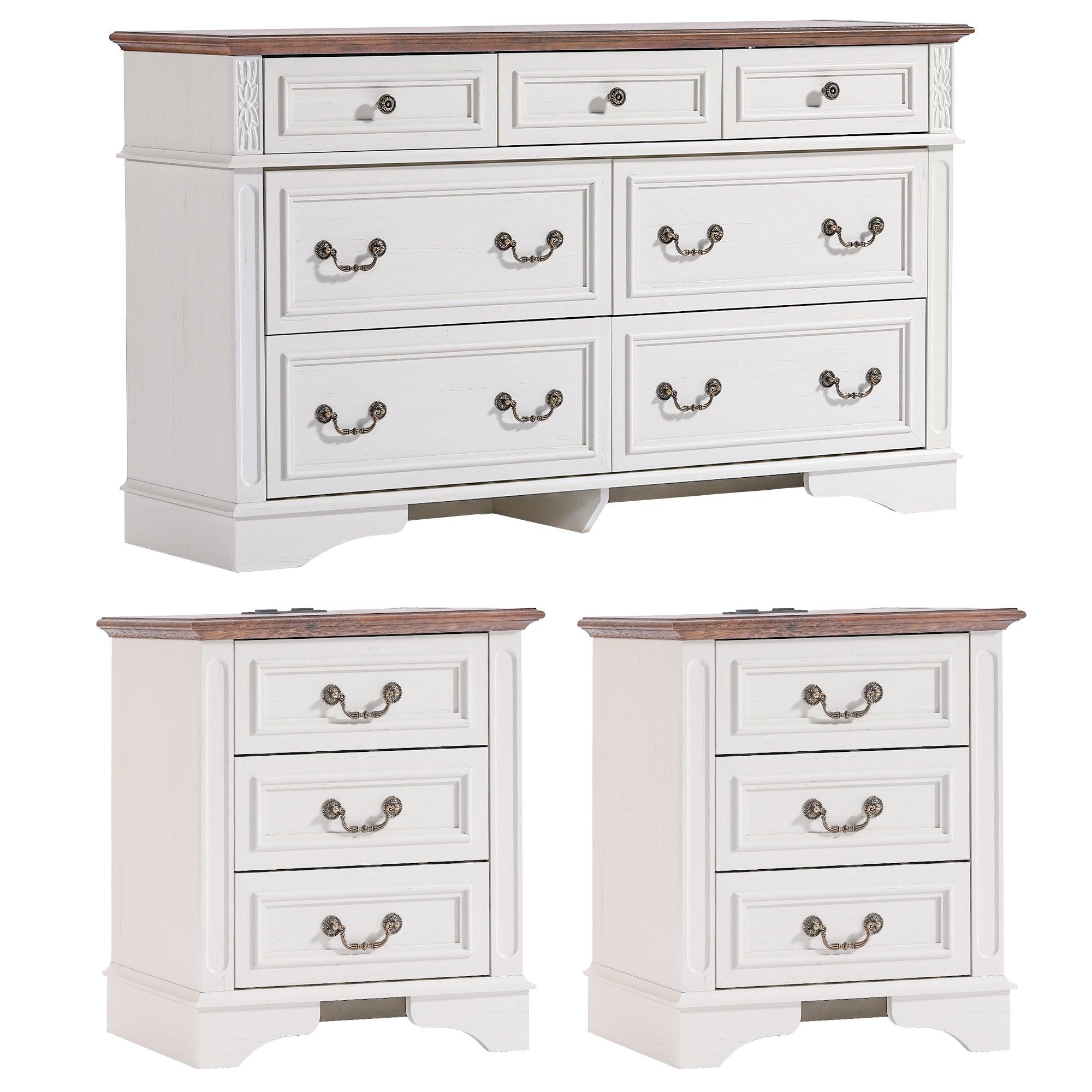 FIAKOA Bedroom Dresser and Nightstand set，Wood Furniture Set for Bedroom with Spacious Storage, 3pc, White