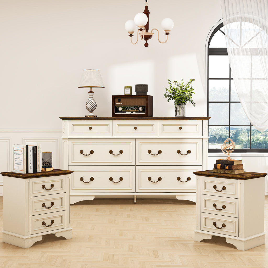 FIAKOA Bedroom Dresser and Nightstand set，Wood Furniture Set for Bedroom with Spacious Storage, 3pc, White