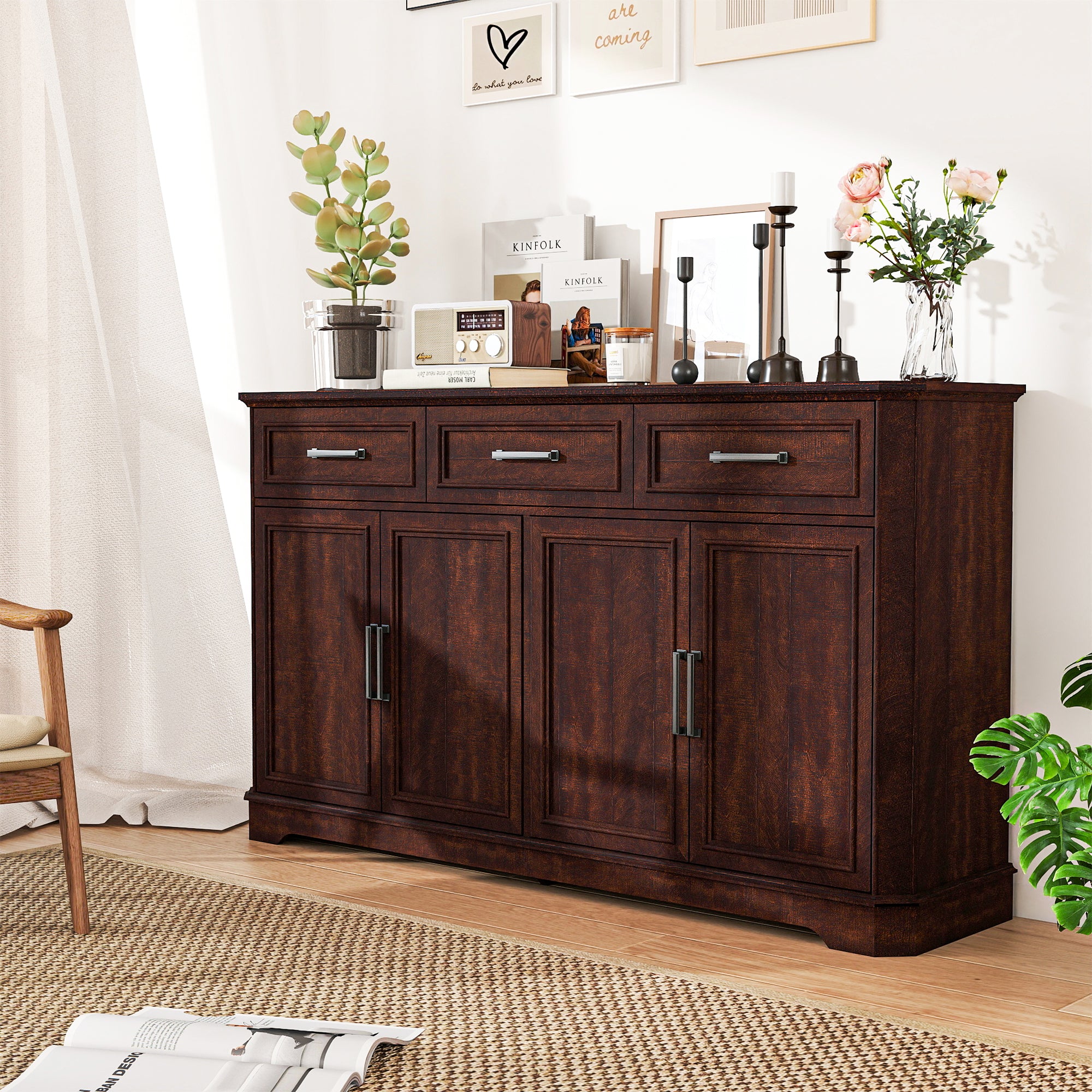 FIAKOA 64" Farmhouse Buffet Cabinet with Charging Station, Modern Sideboard Cabinet with Wood Doors & 2 Drawers, Kitchen Coffee Bar Credenza for Dining Room, Walnut Brown