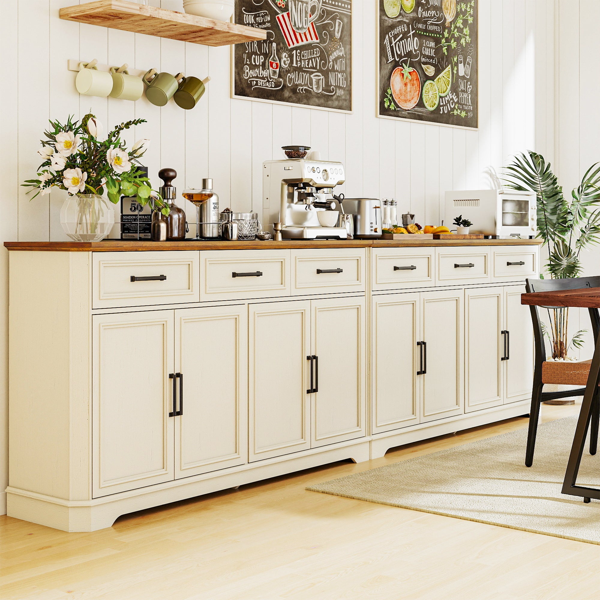 FIAKOA 64" Farmhouse Buffet Cabinet with Charging Station, White Sideboard Cabinet with Wood Doors & 2 Drawers, Kitchen Coffee Bar Credenza for Dining Room
