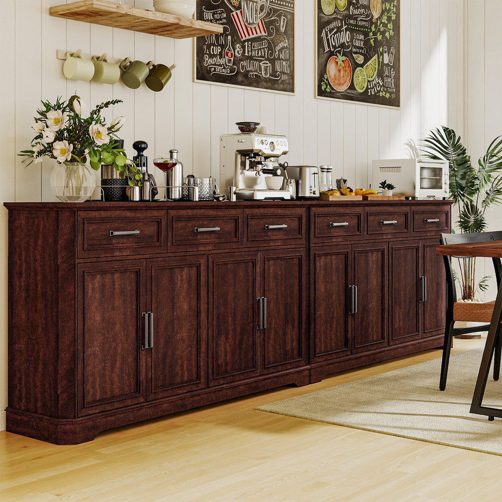 FIAKOA 64" Farmhouse Buffet Cabinet with Charging Station, Modern Sideboard Cabinet with Wood Doors & 2 Drawers, Kitchen Coffee Bar Credenza for Dining Room, Walnut Brown