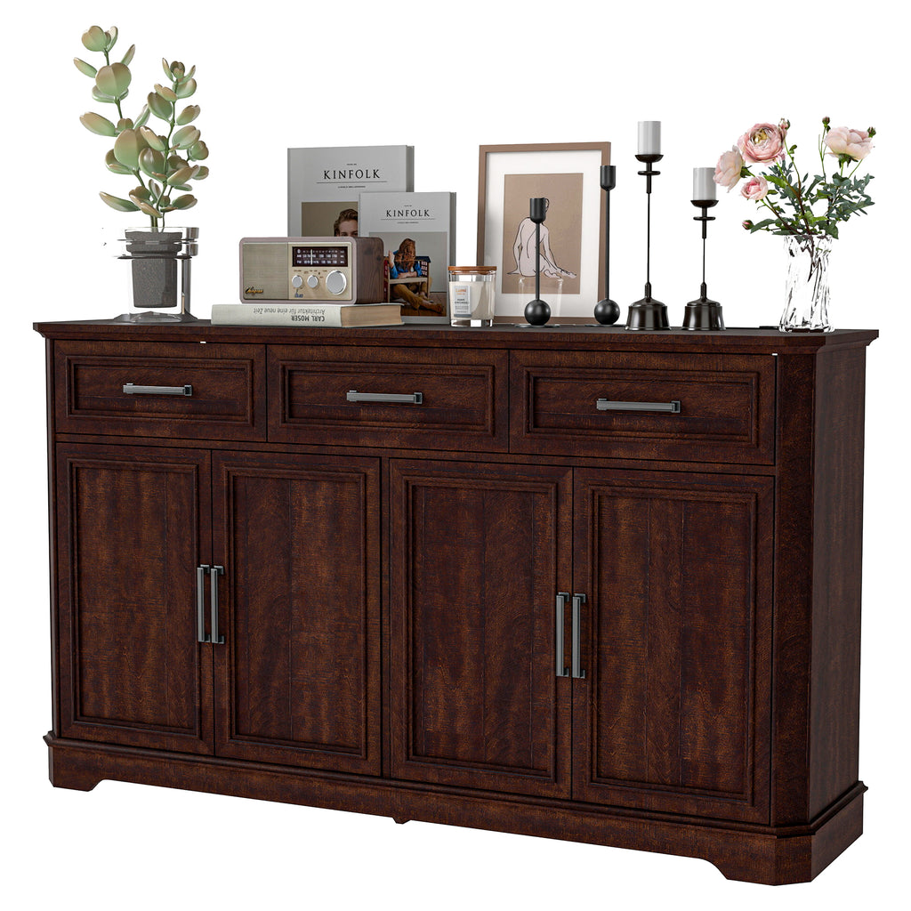 FIAKOA 64" Farmhouse Buffet Cabinet with Charging Station, Modern Sideboard Cabinet with Wood Doors & 2 Drawers, Kitchen Coffee Bar Credenza for Dining Room, Walnut Brown