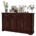 FIAKOA 64" Farmhouse Buffet Cabinet with Charging Station, Modern Sideboard Cabinet with Wood Doors & 2 Drawers, Kitchen Coffee Bar Credenza for Dining Room, Walnut Brown