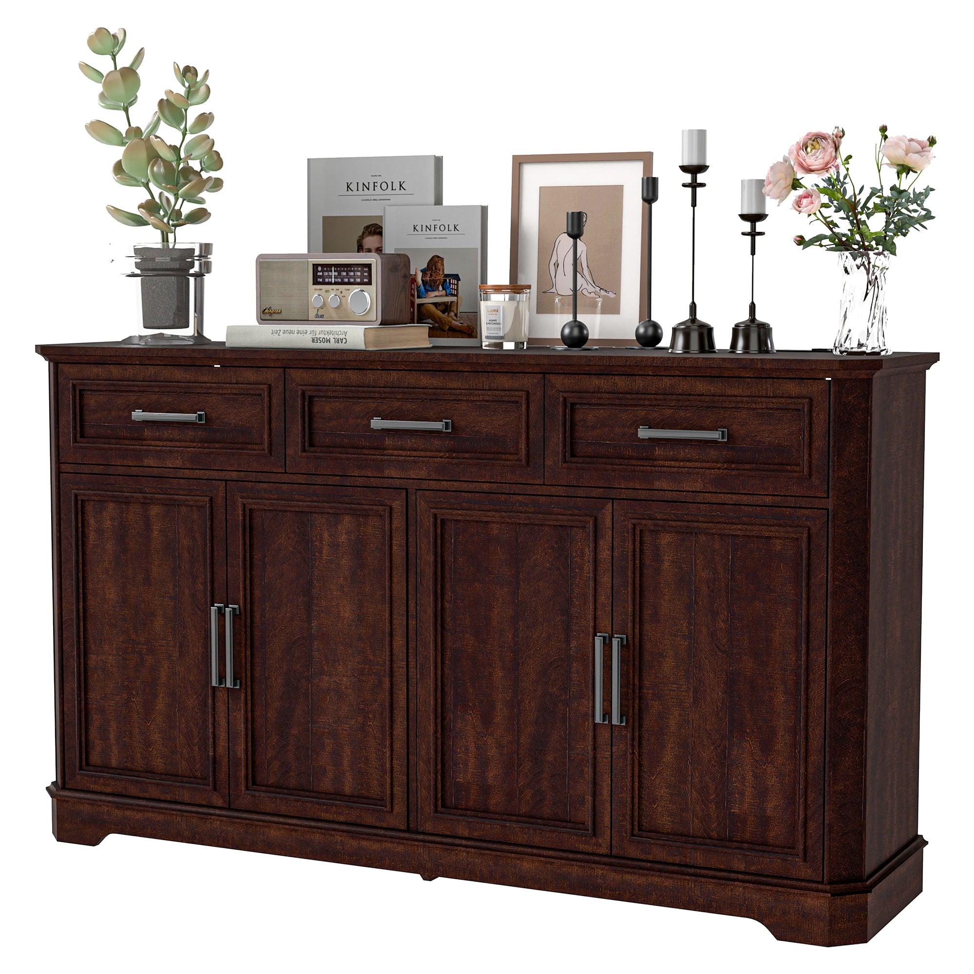 FIAKOA 64" Farmhouse Buffet Cabinet with Charging Station, Modern Sideboard Cabinet with Wood Doors & 2 Drawers, Kitchen Coffee Bar Credenza for Dining Room, Walnut Brown